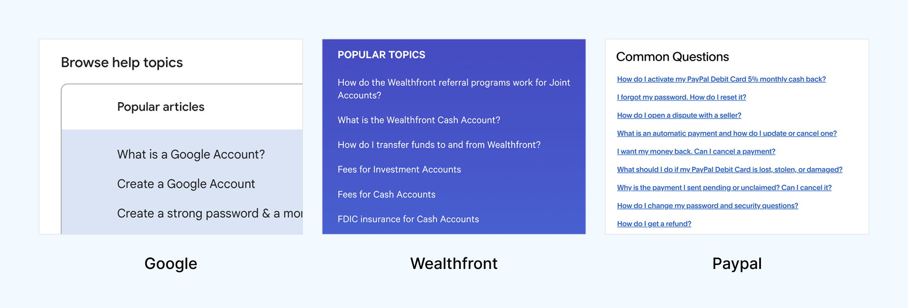 Examples of help centers featuring popular topics