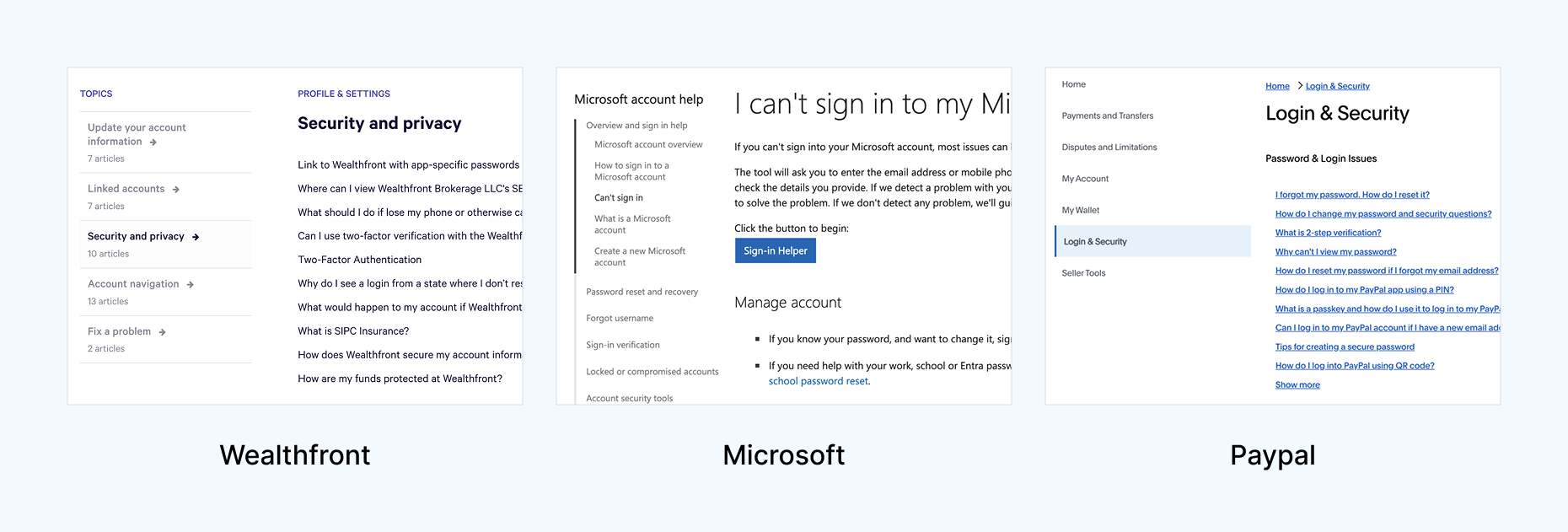 Examples of left side navigation in help articles