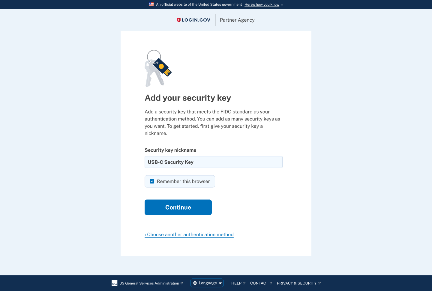 The original security key setup page