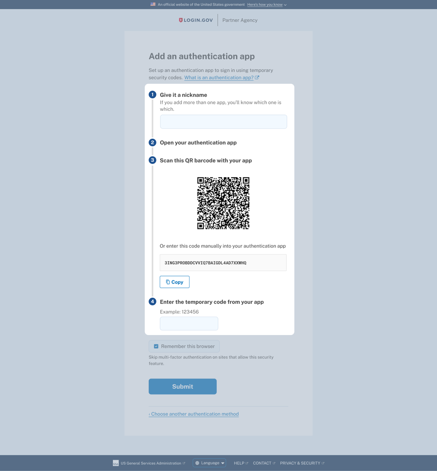 Authentication app setup page using a process list
