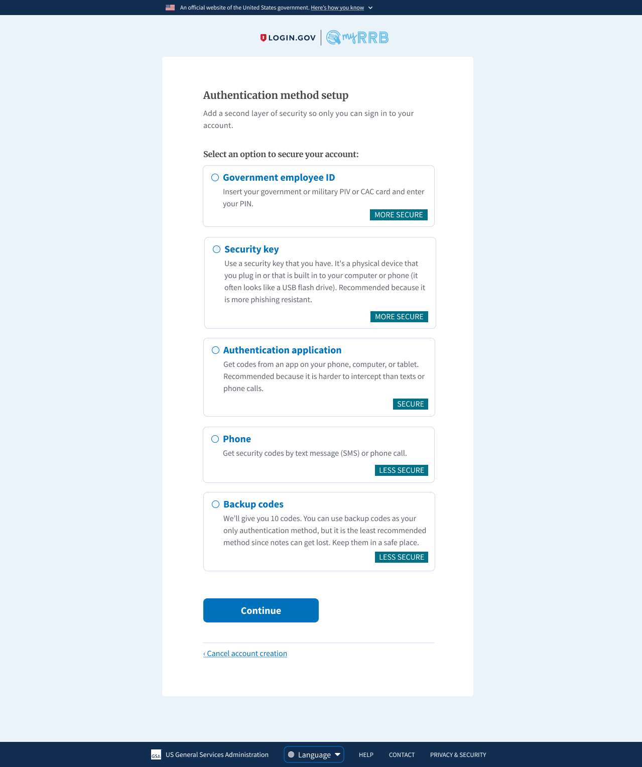 The 2021 MFA selection page with security labels